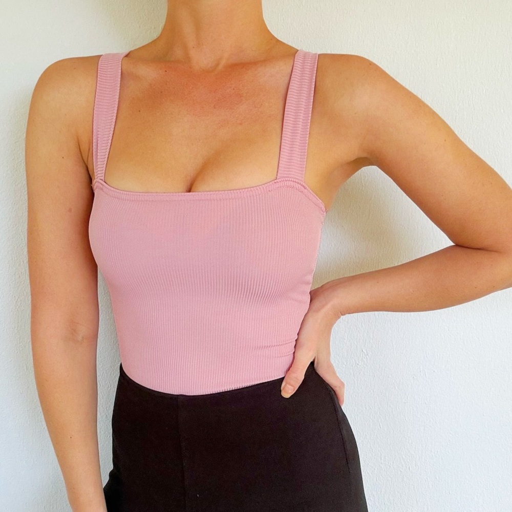 Boohoo blush pink ribbed square neck sleeveless bodycon bodysuit size 2